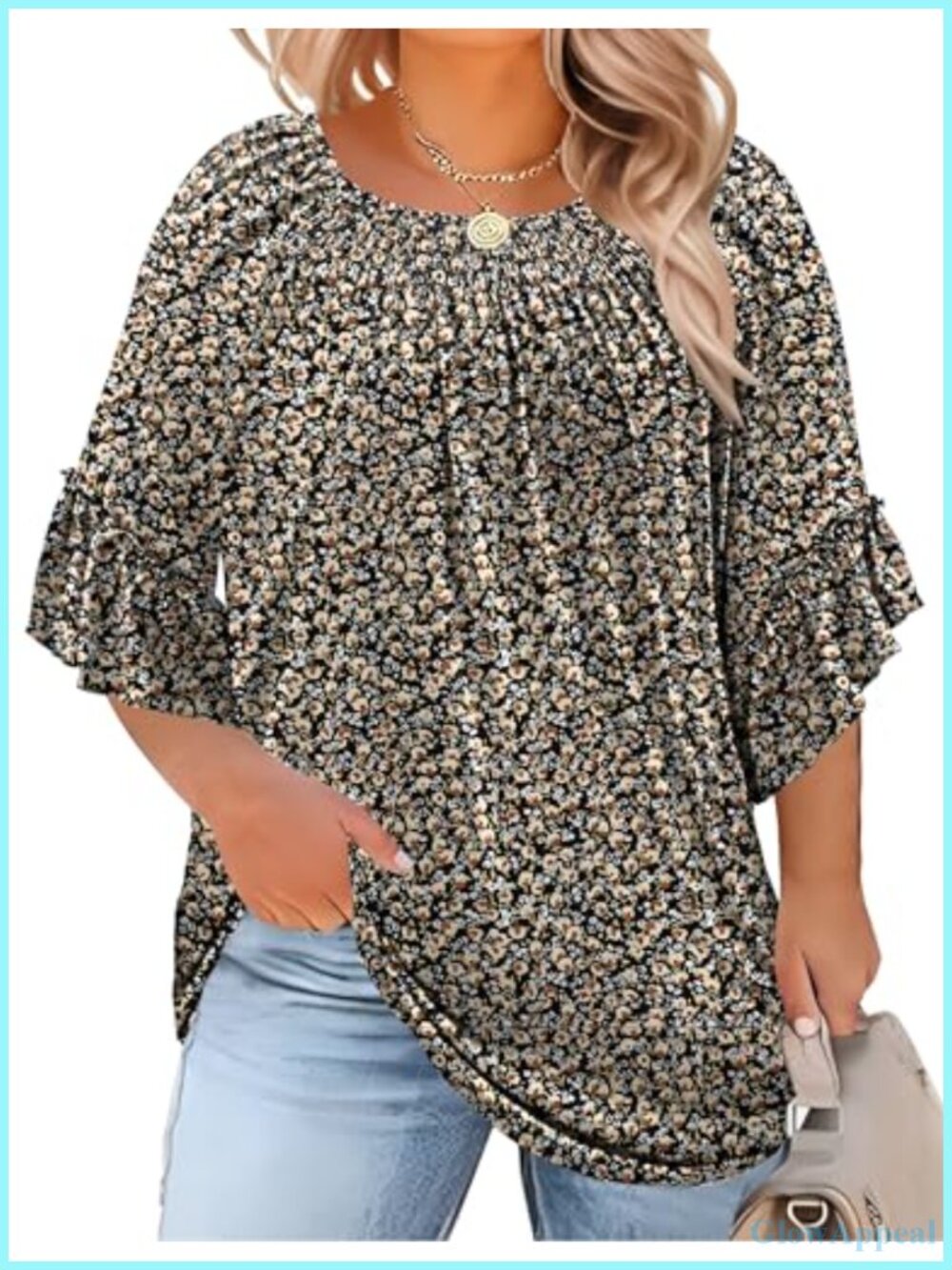 Plus Size Pleated Tunic 3/4 Bell Ruffle Sleeve Blouse Cotton